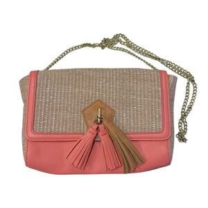Danielle Nicole Raffia Tassel Crossbody Bag Coral Straw Chain Strap Clutch NWOT